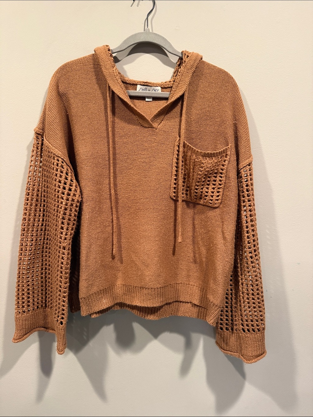 She & Sky Open-Knit Hooded Sweater in Rust Brown